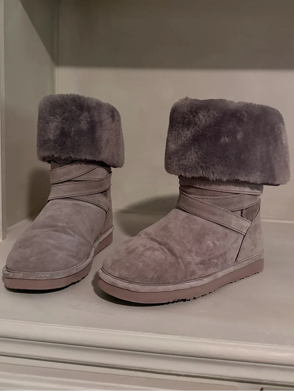 Women’s Purple Gray Suede Faux-Fur Cuff Winter Boots- LAMO